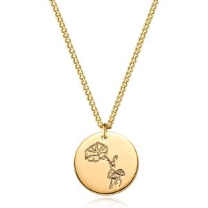 image:imageMEVECCO Birth Flower Necklace 18k Gold Custom Floral Pendant Necklaces Dainty Birth Month Flower Disc Hand Stamped Necklace Personalized Jewelry Birthday GiftB 9SeptemberPeony