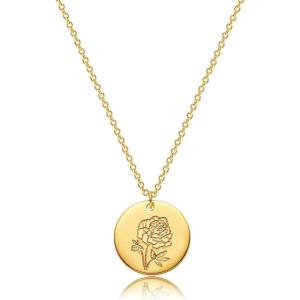 image:imageMEVECCO Birth Flower Necklace 18k Gold Custom Floral Pendant Necklaces Dainty Birth Month Flower Disc Hand Stamped Necklace Personalized Jewelry Birthday GiftA 9SeptemberPeony