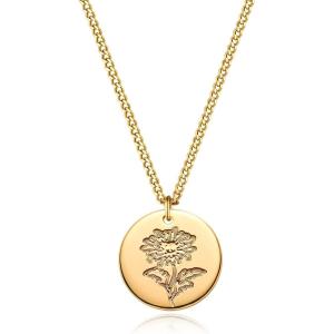 image:imageMEVECCO Birth Flower Necklace 18k Gold Custom Floral Pendant Necklaces Dainty Birth Month Flower Disc Hand Stamped Necklace Personalized Jewelry Birthday GiftB 11NovemberChrysanthemum