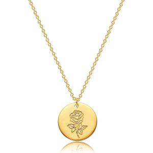 image:imageMEVECCO Birth Flower Necklace 18k Gold Custom Floral Pendant Necklaces Dainty Birth Month Flower Disc Hand Stamped Necklace Personalized Jewelry Birthday GiftA 6June Rose