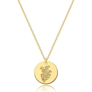 image:imageMEVECCO Birth Flower Necklace 18k Gold Custom Floral Pendant Necklaces Dainty Birth Month Flower Disc Hand Stamped Necklace Personalized Jewelry Birthday GiftA Lily of the valley