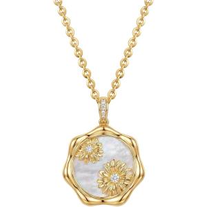 image:imageMEVECCO Birth Flower Necklace For Women 18k Gold Plated Mother Of Pearl Disc Floral Pendant Necklace Dainty 12 Birth Month Flower Handmade Personalized Jewelry Anniversary Christmas Birthday GiftsApril