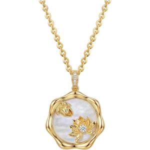 image:imageMEVECCO Birth Flower Necklace For Women 18k Gold Plated Mother Of Pearl Disc Floral Pendant Necklace Dainty 12 Birth Month Flower Handmade Personalized Jewelry Anniversary Christmas Birthday GiftsJuly