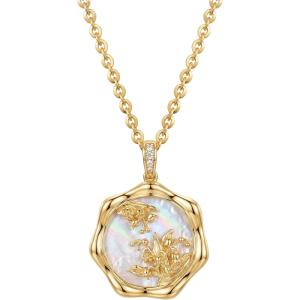 image:imageMEVECCO Birth Flower Necklace For Women 18k Gold Plated Mother Of Pearl Disc Floral Pendant Necklace Dainty 12 Birth Month Flower Handmade Personalized Jewelry Anniversary Christmas Birthday GiftsMay