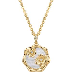 image:imageMEVECCO Birth Flower Necklace For Women 18k Gold Plated Mother Of Pearl Disc Floral Pendant Necklace Dainty 12 Birth Month Flower Handmade Personalized Jewelry Anniversary Christmas Birthday GiftsMarch