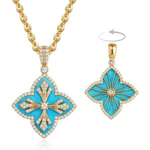 image:imageMEVECCO Clover Necklace for Women Dainty Gold Necklace 18K Gold Plated Clover Jewelry Charm Pendant Vintage Four Leaf Choker Pendant Turquoise Malachite Onyx Jewelry Western Lucky Gifts for WomenTurquoiseBlue