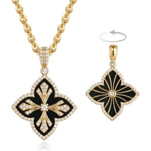 image:imageMEVECCO Clover Necklace for Women Dainty Gold Necklace 18K Gold Plated Clover Jewelry Charm Pendant Vintage Four Leaf Choker Pendant Turquoise Malachite Onyx Jewelry Western Lucky Gifts for WomenOnyxBlack