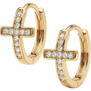 image:imageMEVECCO Cross Hoop Earrings 14K Gold Plated Dainty Minimalist Simple Small Faith Cross Huggie Earrings For Women Symbol of Protection Faith Jewelry GiftWhiteCross