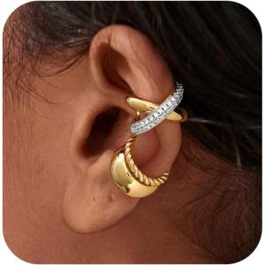 image:imageMEVECCO Ear Cuffs Non Piercing 18K Gold Plated Ear Cuff Earring Sets Clip on Cartilage Cubic Zirconia Pearl Minimalist Hypoallergenic Fake Hoop Earrings Stack Women Gifts3pcsCrossover