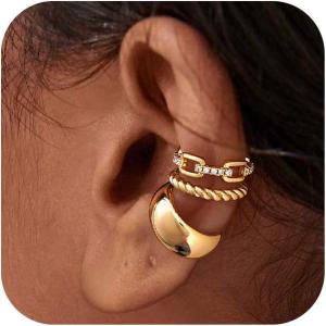 image:imageMEVECCO Ear Cuffs Non Piercing 18K Gold Plated Ear Cuff Earring Sets Clip on Cartilage Cubic Zirconia Pearl Minimalist Hypoallergenic Fake Hoop Earrings Stack Women Gifts3pcsChunky