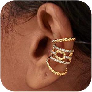image:imageMEVECCO Ear Cuffs Non Piercing 18K Gold Plated Ear Cuff Earring Sets Clip on Cartilage Cubic Zirconia Pearl Minimalist Hypoallergenic Fake Hoop Earrings Stack Women Gifts3pcsTwist