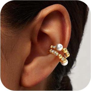 image:imageMEVECCO Ear Cuffs Non Piercing 18K Gold Plated Ear Cuff Earring Sets Clip on Cartilage Cubic Zirconia Pearl Minimalist Hypoallergenic Fake Hoop Earrings Stack Women Gifts2pcsPearl