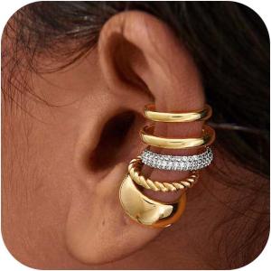 image:imageMEVECCO Ear Cuffs Non Piercing 18K Gold Plated Ear Cuff Earring Sets Clip on Cartilage Cubic Zirconia Pearl Minimalist Hypoallergenic Fake Hoop Earrings Stack Women Gifts3pcsTripe