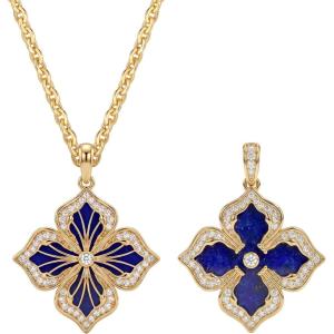 image:imageMEVECCO Gold Four Leaf Clover Necklace for Women 14K Gold Plated Clover Pendant Necklace Double Side With Diamond Vintage Filigree Flower Necklace GiftLapis Lazuli