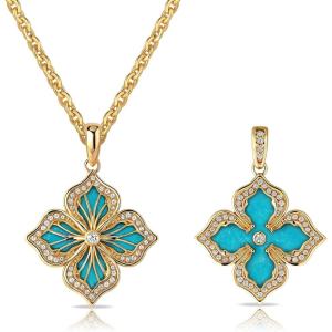 image:imageMEVECCO Gold Four Leaf Clover Necklace for Women 14K Gold Plated Clover Pendant Necklace Double Side With Diamond Vintage Filigree Flower Necklace GiftTurquoise