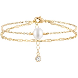 image:imageMEVECCO Bracelet for Women 14K Gold Plated Dainty Chain Simple Jewelry Cute Handmade Minimalist for Her2 Layer 1 Pearl Lace Chain