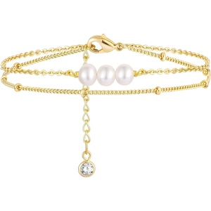 image:imageMEVECCO Bracelet for Women 14K Gold Plated Dainty Chain Simple Jewelry Cute Handmade Minimalist for Her2 Layer 3 Pearls Satellite Chain