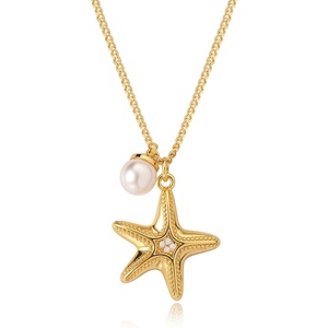 image:imageMEVECCO Dainty Gold Seashell Pendent Necklace Ocean Necklace for Women 18K Gold Plated Necklace Boho Handmade Summer Beach Necklace JewelryStarfish  Pearl B