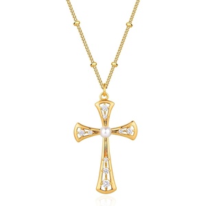 image:imageMEVECCO Gold Cross Necklace 18K Gold Plated Cubic Zircon Cross Pendent Necklace Handmade Simple Dainty Chain Necklace Everyday JewelryCZ CROSS Fan
