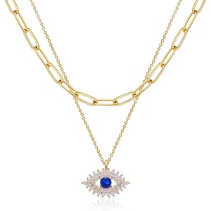 image:imageMEVECCO Layered Heart Necklace Pendant Handmade 18k Gold Plated Dainty Gold Choker Arrow Bar Layering Long Necklace for WomenLayer Blue Eyes