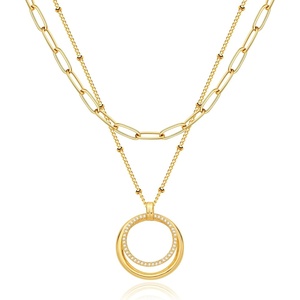 image:imageMEVECCO Layered Heart Necklace Pendant Handmade 18k Gold Plated Dainty Gold Choker Arrow Bar Layering Long Necklace for WomenLayer Double Circle