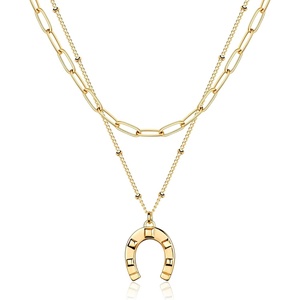 image:imageMEVECCO Layered Heart Necklace Pendant Handmade 18k Gold Plated Dainty Gold Choker Arrow Bar Layering Long Necklace for WomenLayer Horseshoe