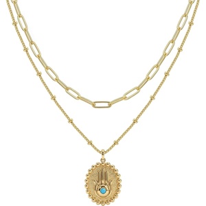 image:imageMEVECCO Layered Heart Necklace Pendant Handmade 18k Gold Plated Dainty Gold Choker Arrow Bar Layering Long Necklace for WomenLayer Oval Hamsa