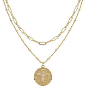image:imageMEVECCO Layered Heart Necklace Pendant Handmade 18k Gold Plated Dainty Gold Choker Arrow Bar Layering Long Necklace for WomenLayer Round Cross