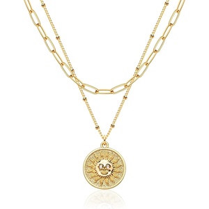 image:imageMEVECCO Layered Heart Necklace Pendant Handmade 18k Gold Plated Dainty Gold Choker Arrow Bar Layering Long Necklace for WomenLayer Sun Face