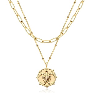image:imageMEVECCO Layered Heart Necklace Pendant Handmade 18k Gold Plated Dainty Gold Choker Arrow Bar Layering Long Necklace for WomenLayer Turtle