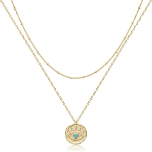 image:imageMEVECCO Layered Heart Necklace Pendant Handmade 18k Gold Plated Dainty Gold Choker Arrow Bar Layering Long Necklace for WomenLayer disc evil eye