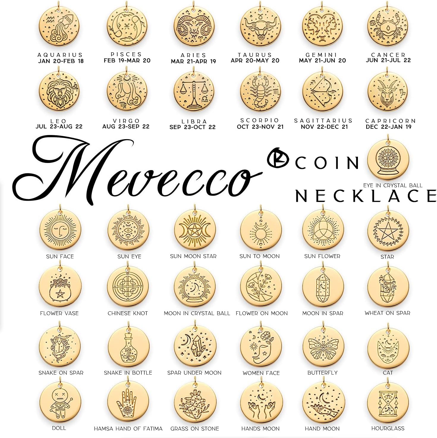 image:imageMEVECCO Constellation Disc Coin Necklace 18K Gold Plated Dainty 12 Constellation Personalized Pendant Necklace Gifts