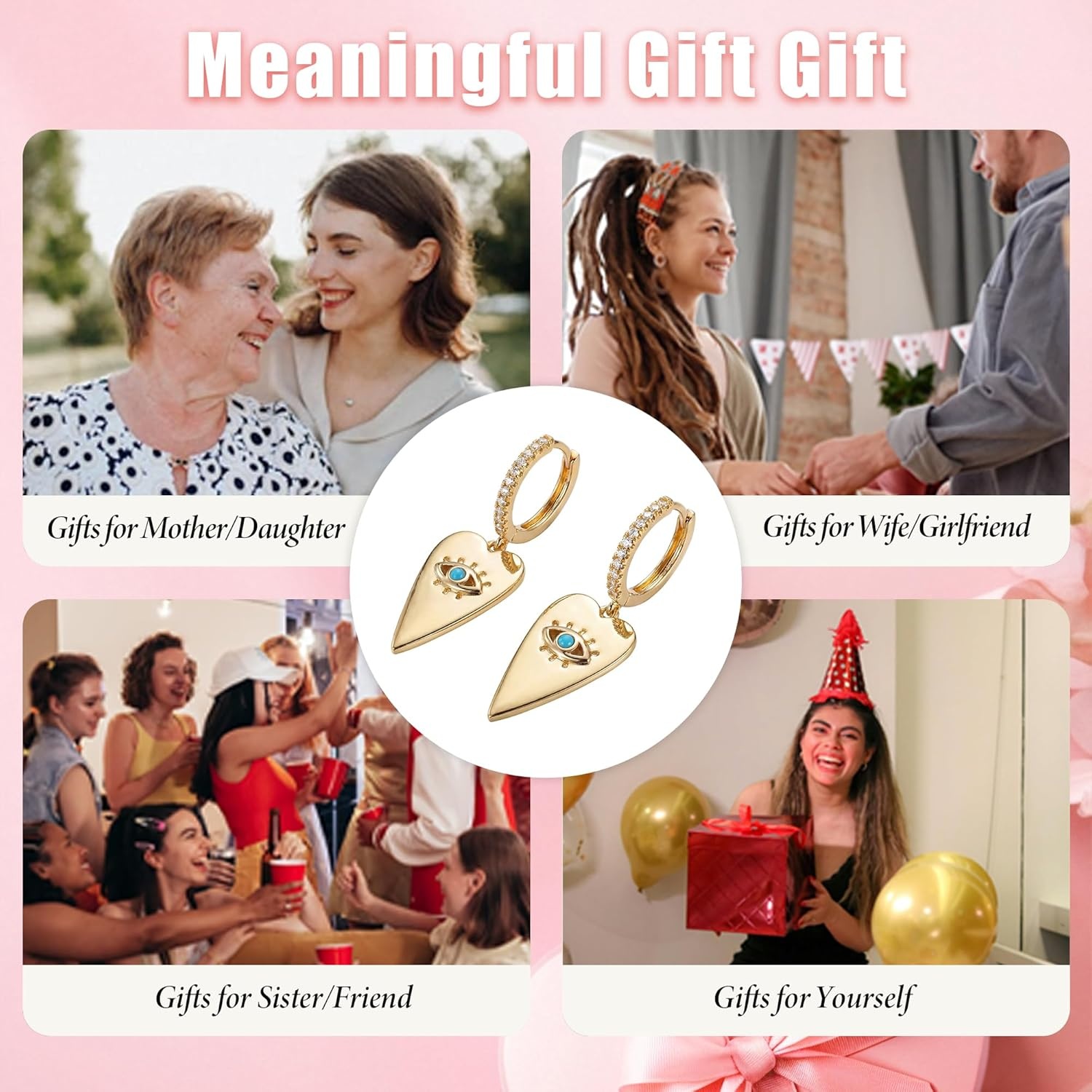 image:imageMevecco Gold Dainty Dangle Hoop Earrings for Women 14K Gold Plated Delicate cute Geometric Triangle Cone Dangle EarringsHeart Shaped Evil Eye