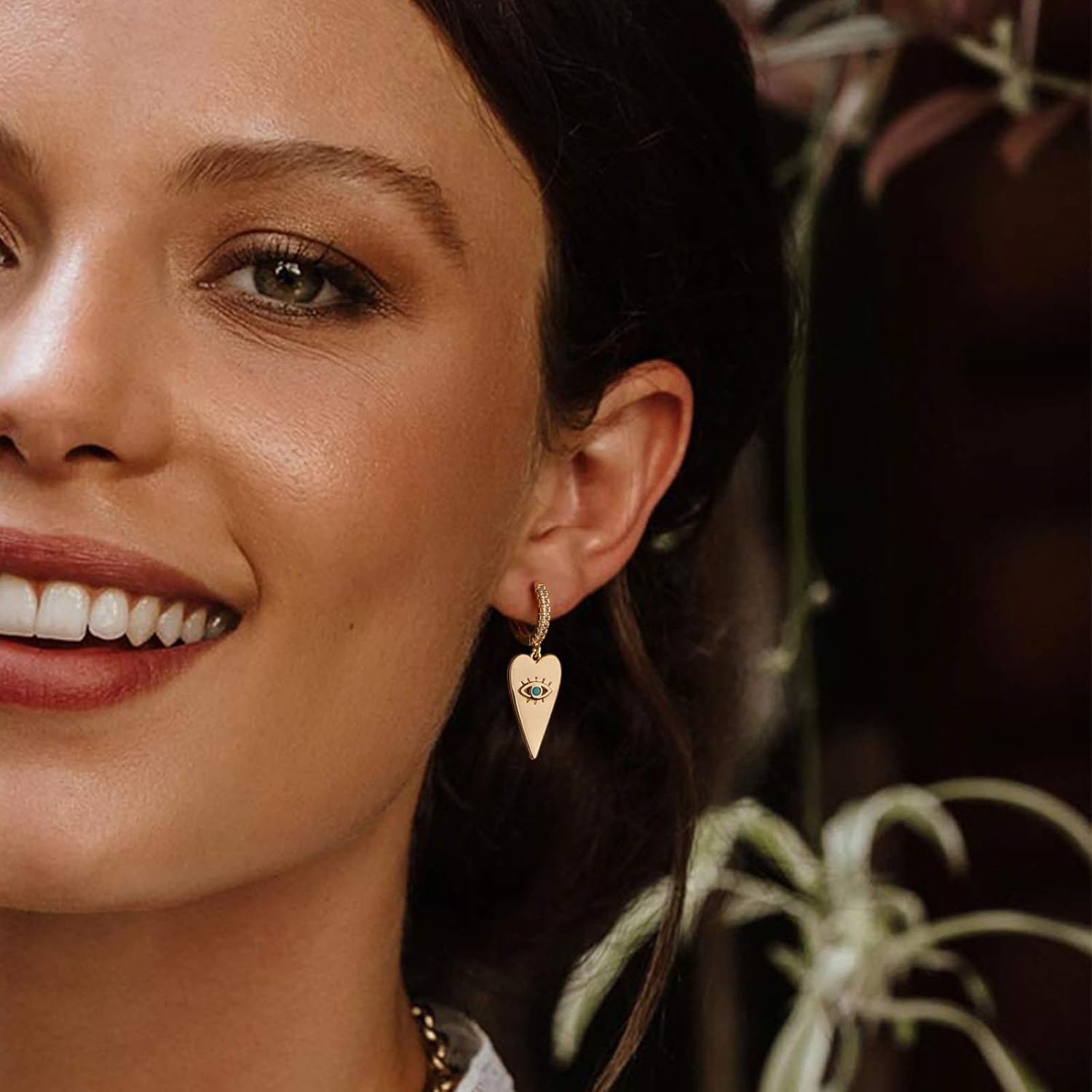 image:imageMevecco Gold Dainty Dangle Hoop Earrings for Women 14K Gold Plated Delicate cute Geometric Triangle Cone Dangle EarringsHeart Shaped Evil Eye