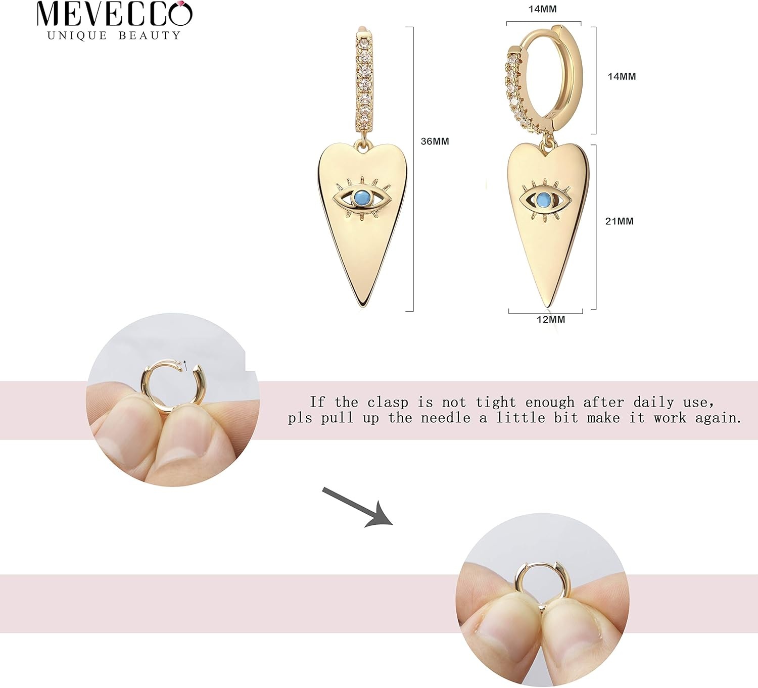 image:imageMevecco Gold Dainty Dangle Hoop Earrings for Women 14K Gold Plated Delicate cute Geometric Triangle Cone Dangle EarringsHeart Shaped Evil Eye