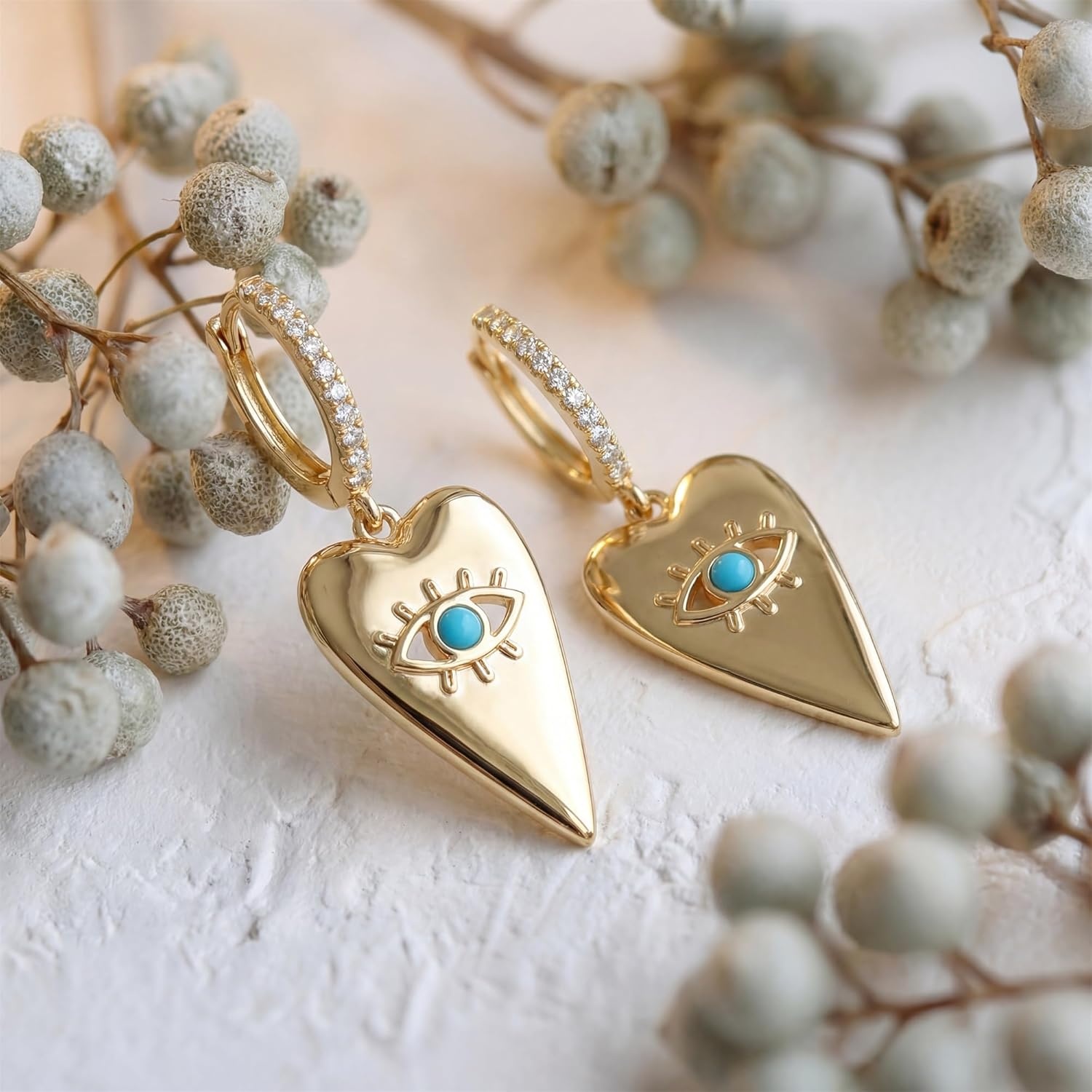 image:imageMevecco Gold Dainty Dangle Hoop Earrings for Women 14K Gold Plated Delicate cute Geometric Triangle Cone Dangle EarringsHeart Shaped Evil Eye