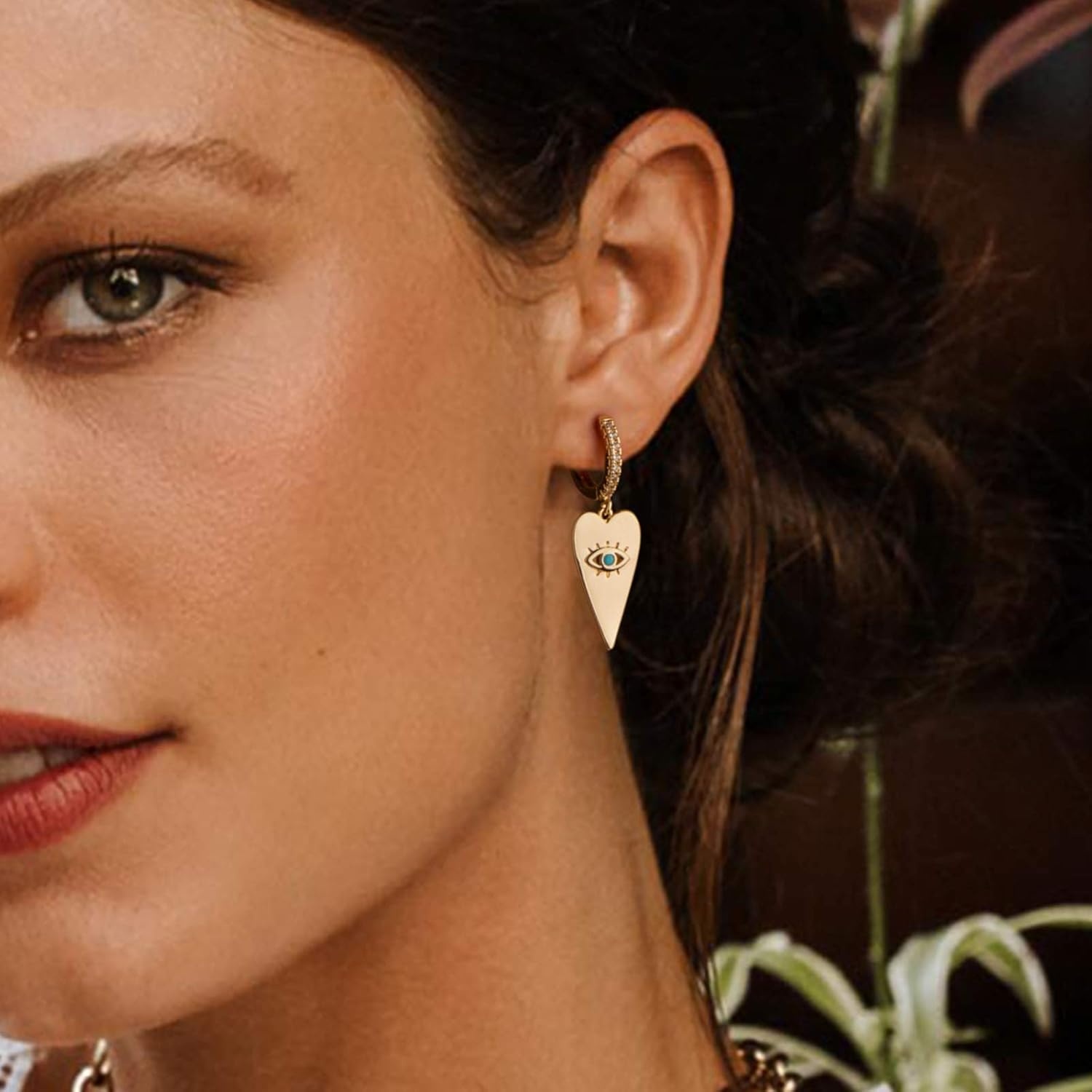 image:imageMevecco Gold Dainty Dangle Hoop Earrings for Women 14K Gold Plated Delicate cute Geometric Triangle Cone Dangle EarringsHeart Shaped Evil Eye
