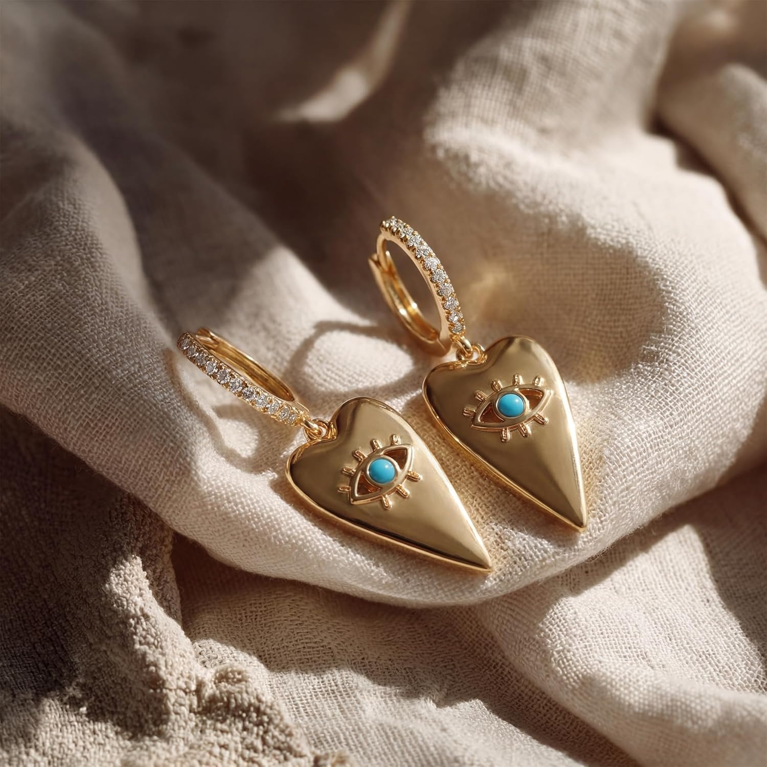 image:imageMevecco Gold Dainty Dangle Hoop Earrings for Women 14K Gold Plated Delicate cute Geometric Triangle Cone Dangle EarringsHeart Shaped Evil Eye