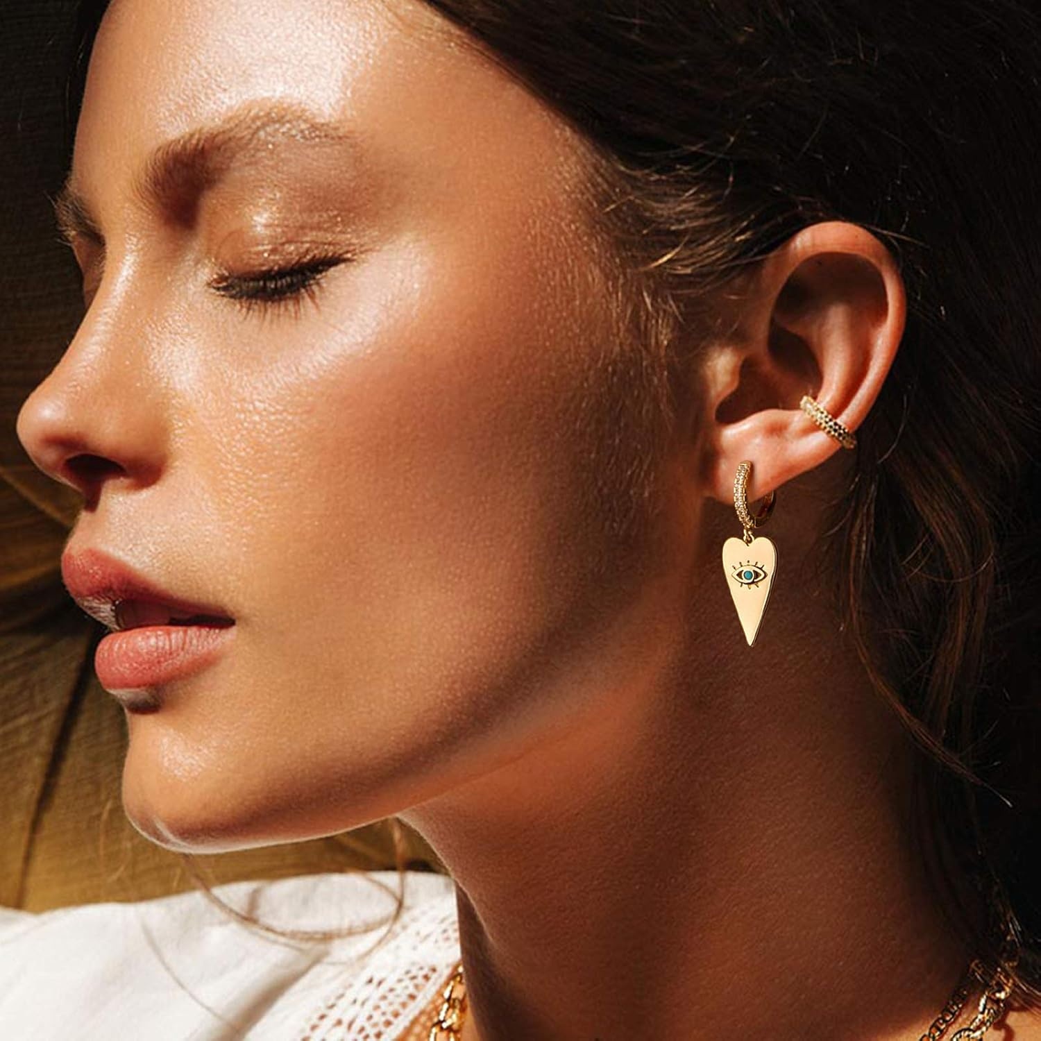 image:imageMevecco Gold Dainty Dangle Hoop Earrings for Women 14K Gold Plated Delicate cute Geometric Triangle Cone Dangle EarringsHeart Shaped Evil Eye