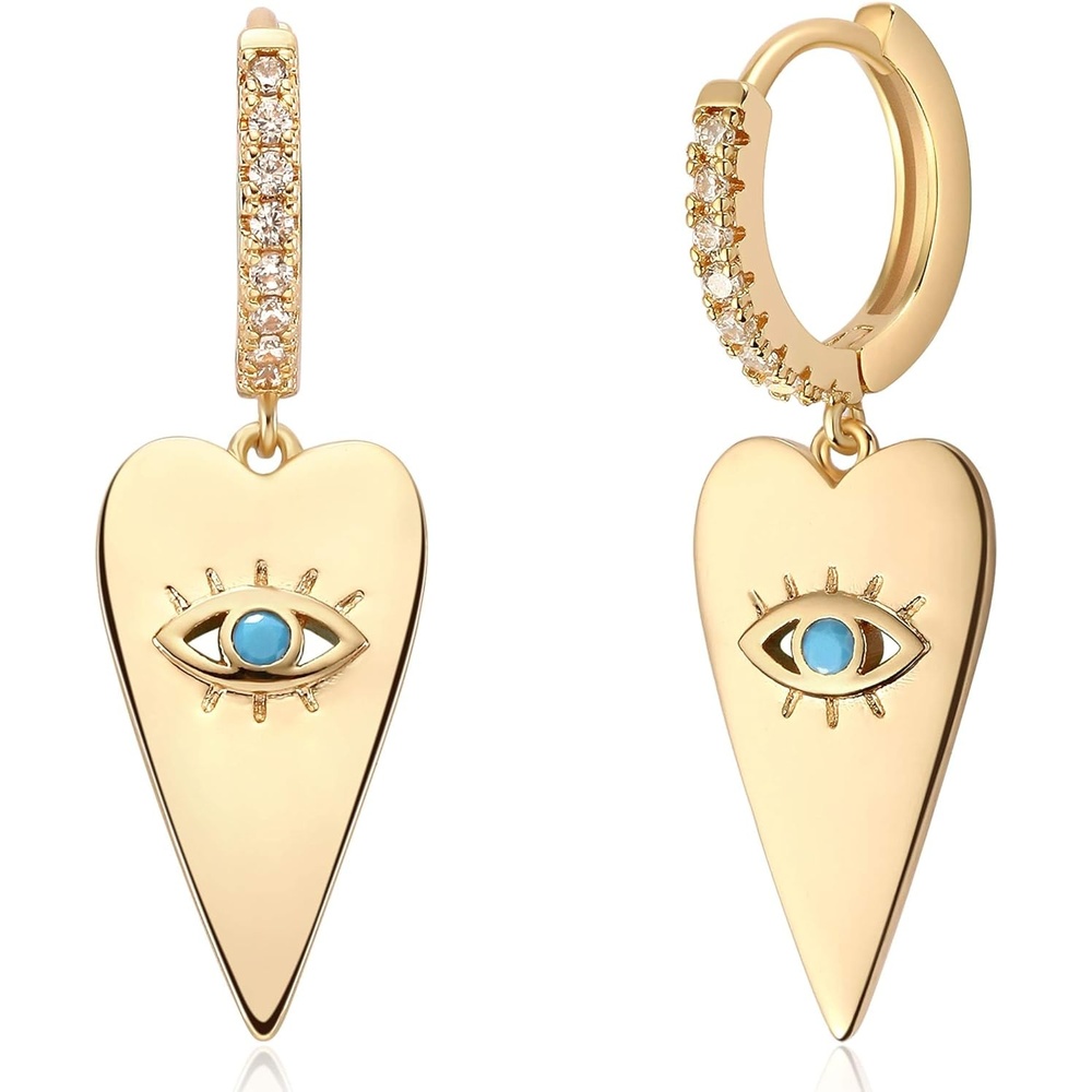 image:imageMevecco Gold Dainty Dangle Hoop Earrings for Women 14K Gold Plated Delicate cute Geometric Triangle Cone Dangle EarringsHeart Shaped Evil Eye