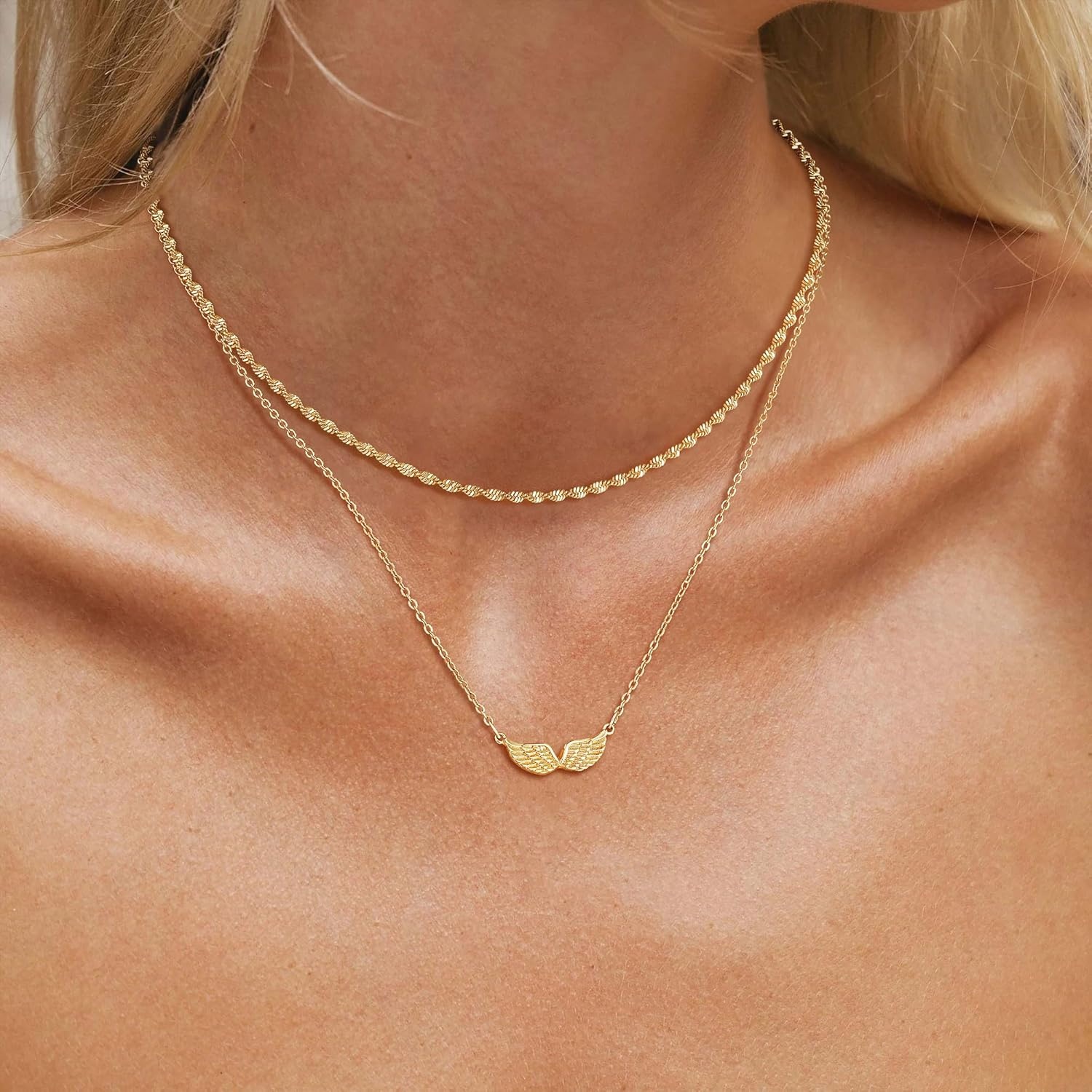 image:imageMEVECCO Gold Angel Wings Pendant Necklace 18K Gold Filled Dainty Minimalist for Women