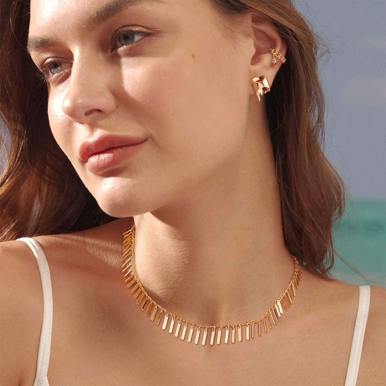image:imageMEVECCO Gold Choker Necklace 14K Gold Plated Dainty Chain Necklace Short Chain Necklace Boho Handmade Choker Necklace Jewelry GiftTassels