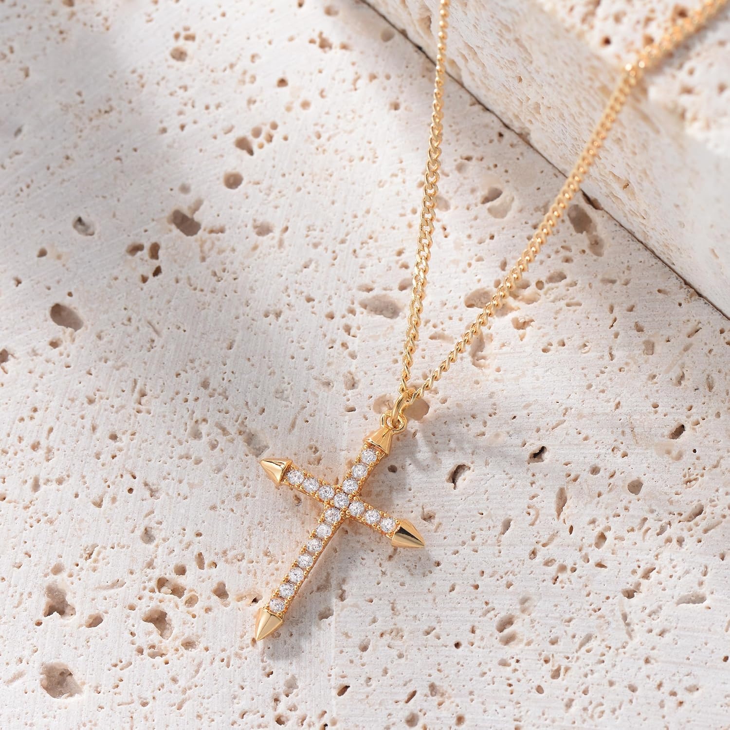 image:imageMEVECCO Gold Dainty Cross Necklace 18K Gold Plated Cubic Zircon Cross Necklace Faith Pendant Necklace Minimalist Handmade Crucifix Chain Necklace Gifts