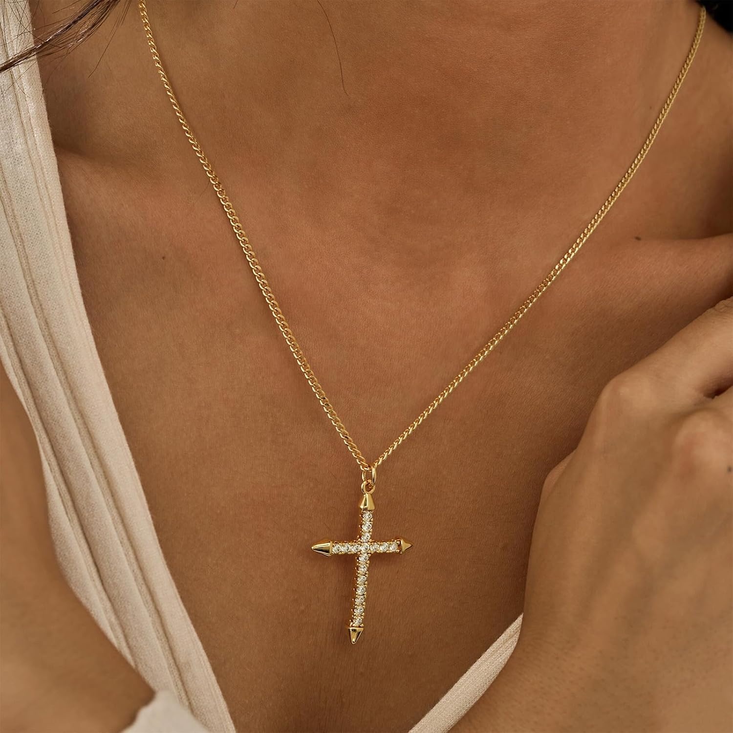 image:imageMEVECCO Gold Dainty Cross Necklace 18K Gold Plated Cubic Zircon Cross Necklace Faith Pendant Necklace Minimalist Handmade Crucifix Chain Necklace Gifts