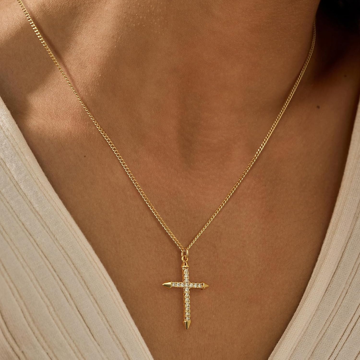 image:imageMEVECCO Gold Dainty Cross Necklace 18K Gold Plated Cubic Zircon Cross Necklace Faith Pendant Necklace Minimalist Handmade Crucifix Chain Necklace Gifts