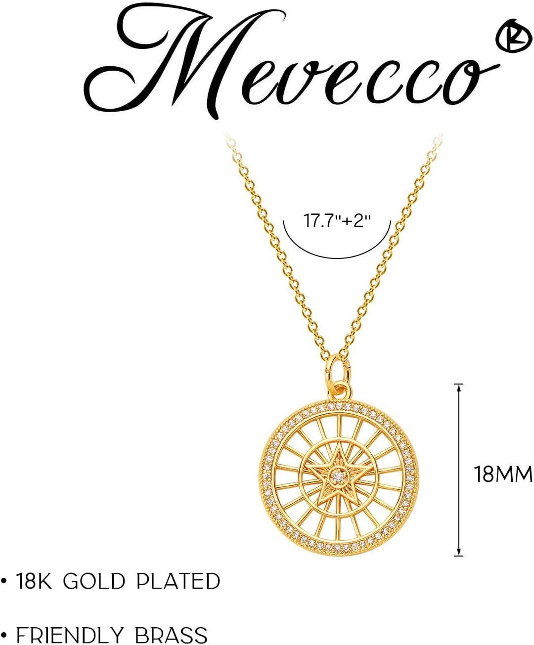 image:imageMEVECCO Women Gold Necklace Star Coin Disc Celestial Patterned Engraved Hollow Pendant 18K Gold Plated Simple Personalized Dainty Chain Jewelry Gift