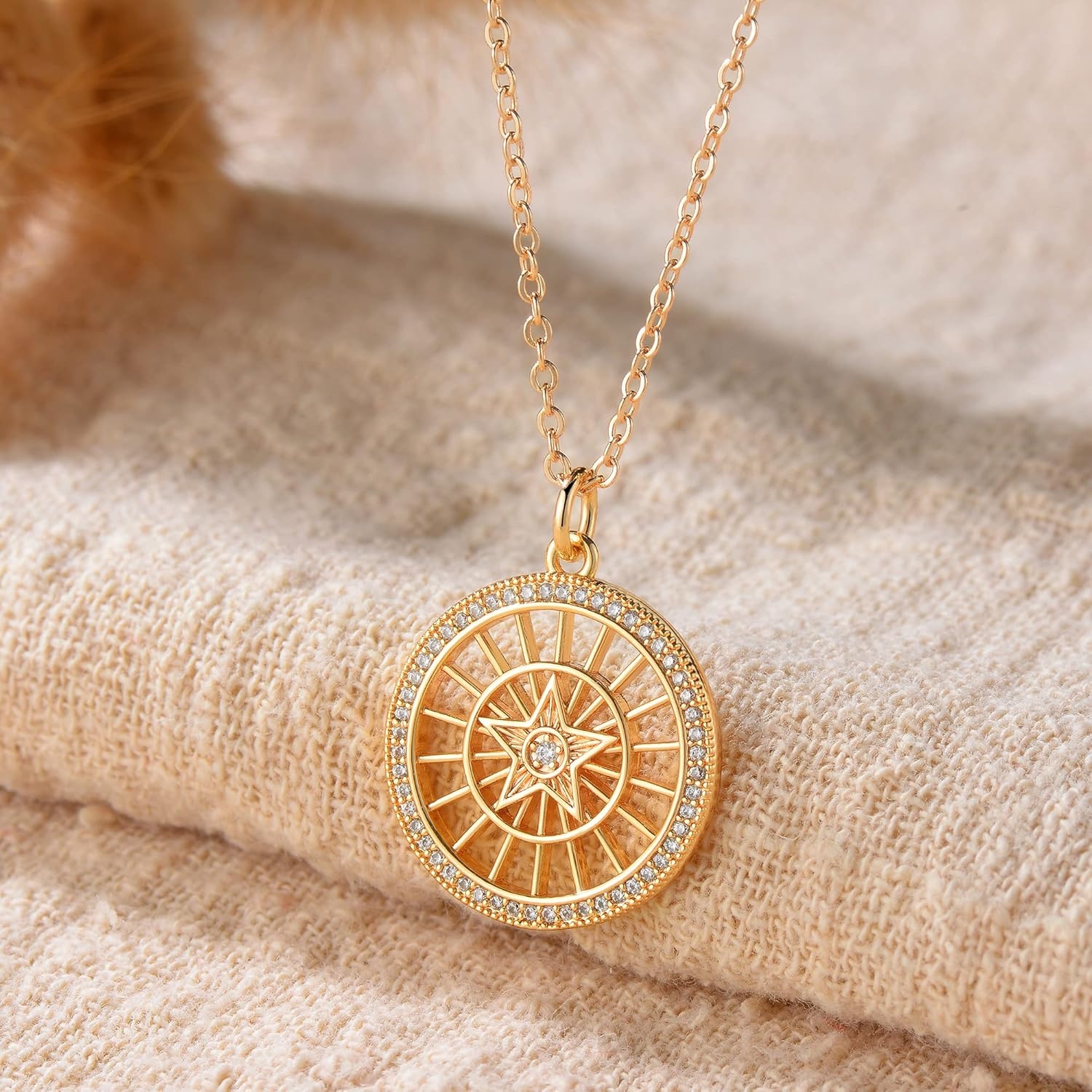 image:imageMEVECCO Women Gold Necklace Star Coin Disc Celestial Patterned Engraved Hollow Pendant 18K Gold Plated Simple Personalized Dainty Chain Jewelry Gift