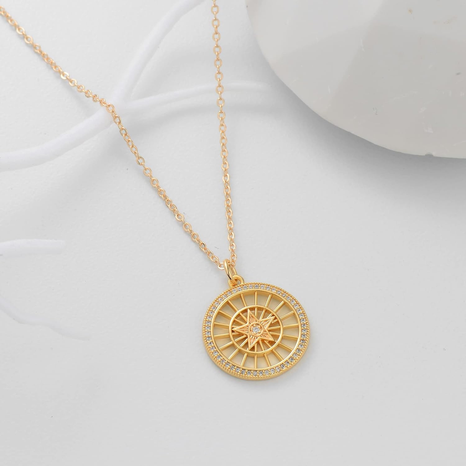 image:imageMEVECCO Women Gold Necklace Star Coin Disc Celestial Patterned Engraved Hollow Pendant 18K Gold Plated Simple Personalized Dainty Chain Jewelry Gift
