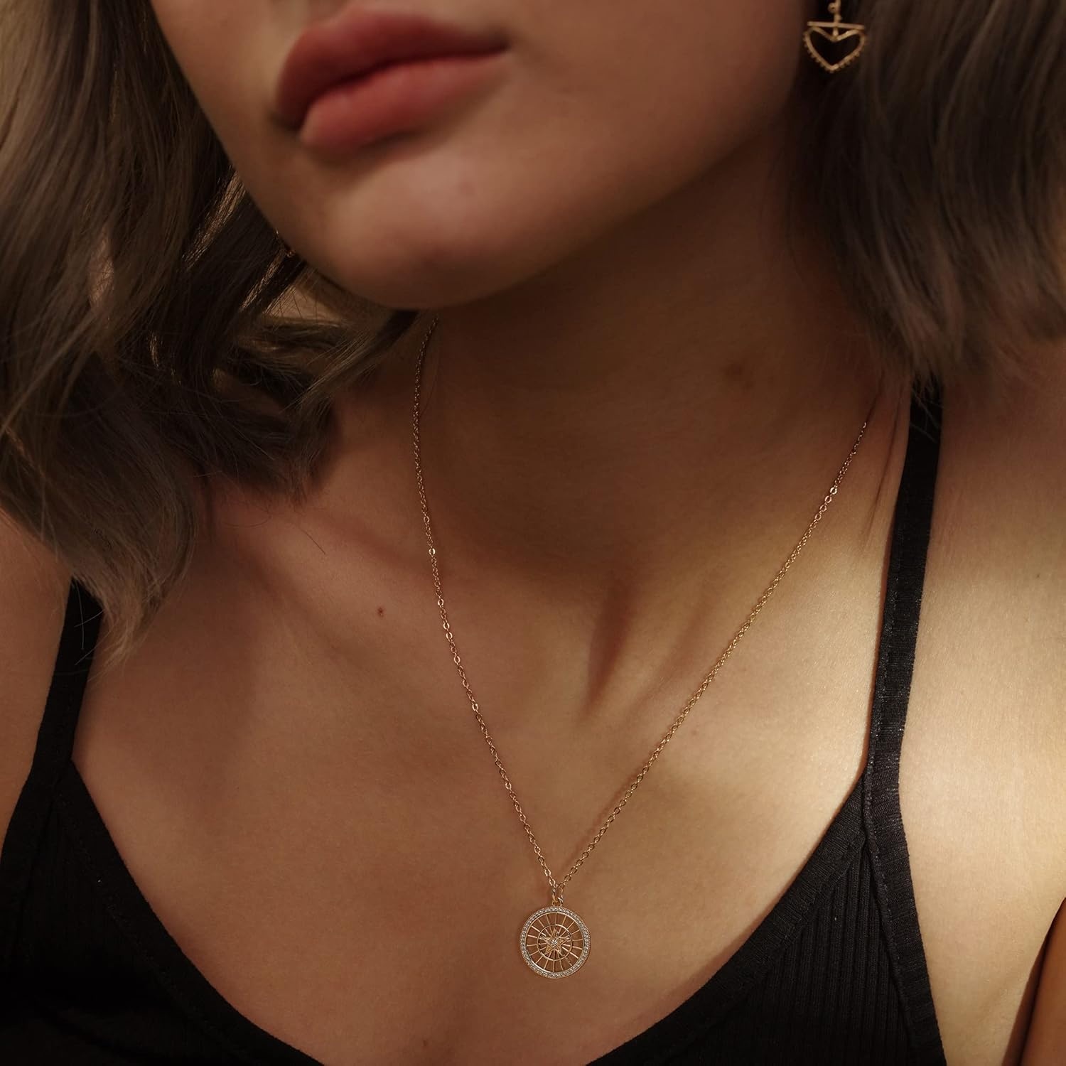 image:imageMEVECCO Women Gold Necklace Star Coin Disc Celestial Patterned Engraved Hollow Pendant 18K Gold Plated Simple Personalized Dainty Chain Jewelry Gift