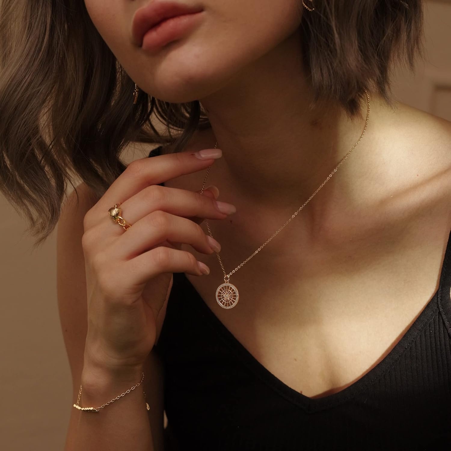 image:imageMEVECCO Women Gold Necklace Star Coin Disc Celestial Patterned Engraved Hollow Pendant 18K Gold Plated Simple Personalized Dainty Chain Jewelry Gift